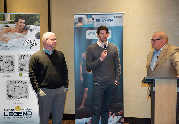 Michael Phelps and Bob Bowman speaking with Master Spa Dealers