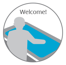 Illustration of person in front of swim spa saying welcome