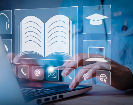 Graphic showing a screen of resource icons like books.